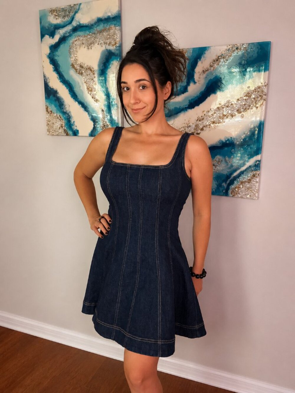 Dark Wash Denim Mini Dress Square Neck Size M